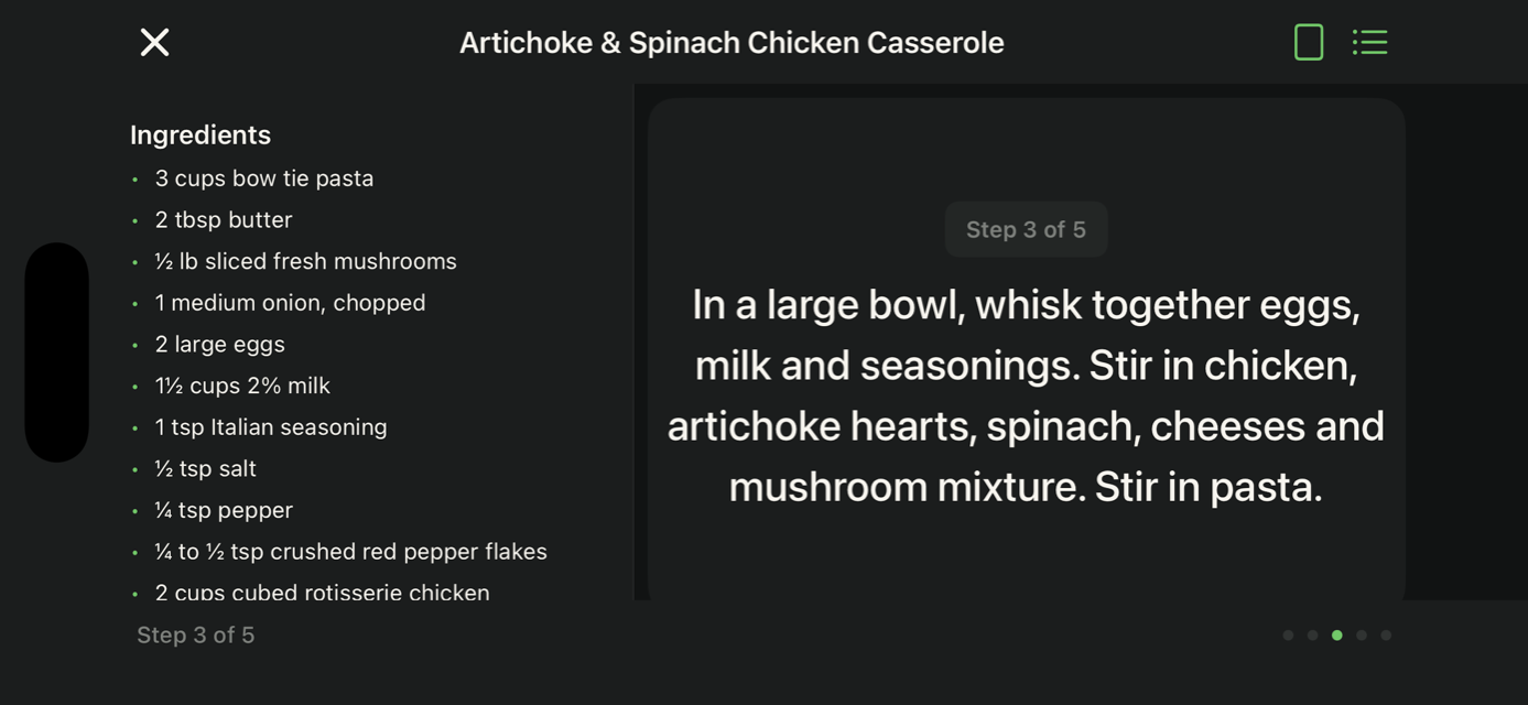 Cook mode — landscape split view